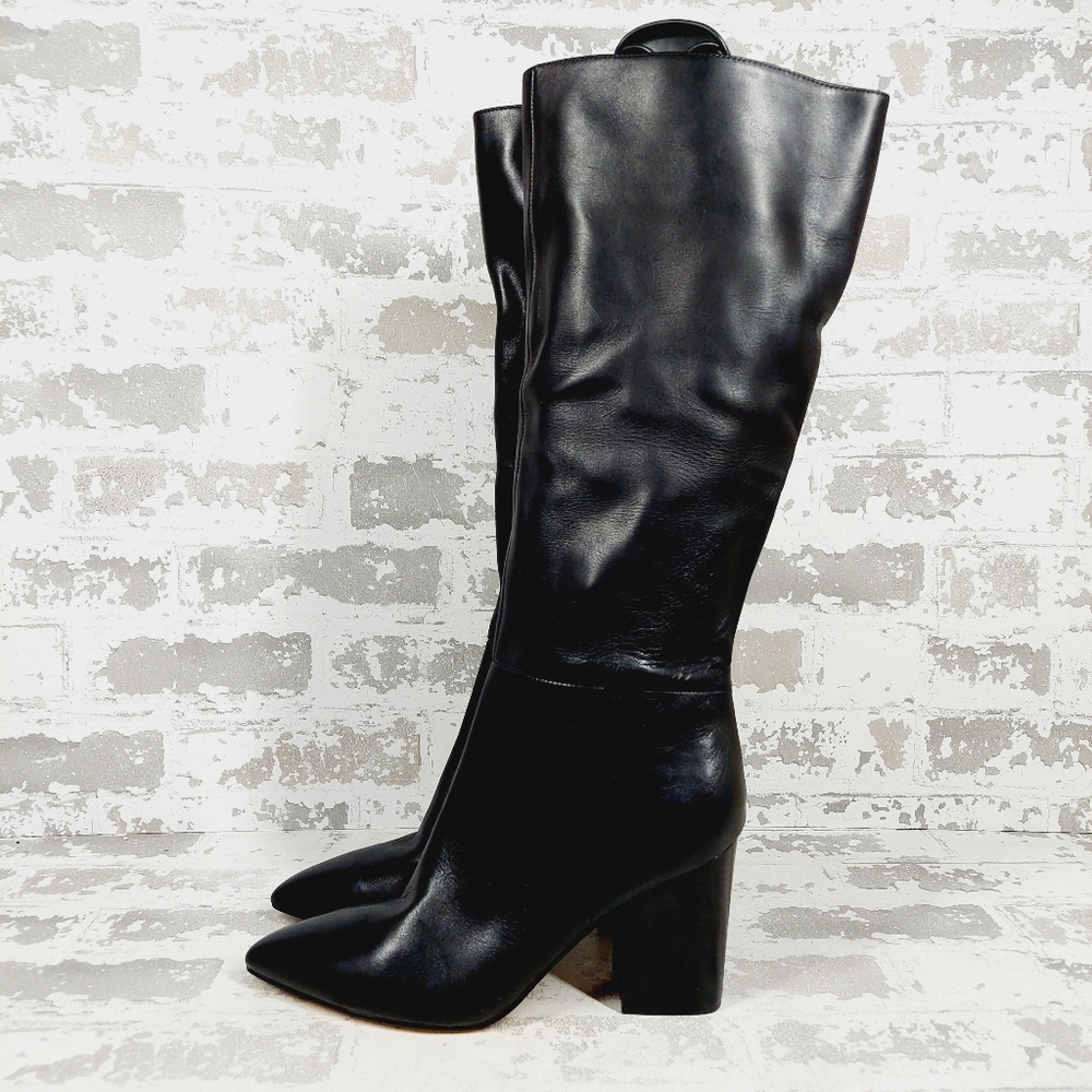 New Nine West Peachey Black Leather Pointy Toe Block Heel Knee High Boot A228
